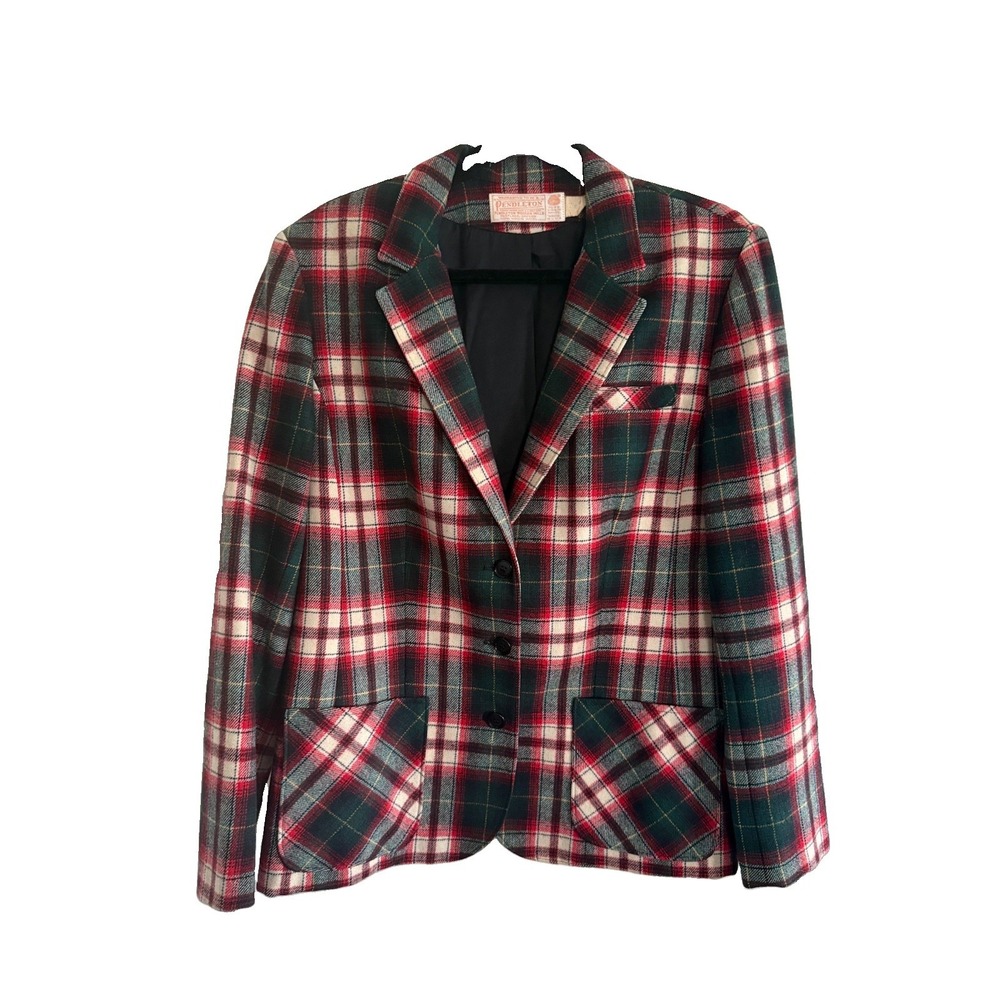 Pendleton Vintage Wool Plaid Blazer Red Green Tartan Made in USA Jacket Size 16